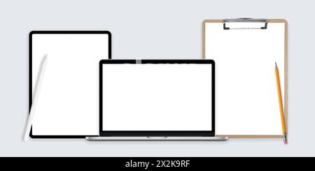 Tablet mock, notebook mock-up, laptop mock-up, forme vettoriali, modelli di dispositivi, contorni utili, utilizzare contorni completi Illustrazione Vettoriale