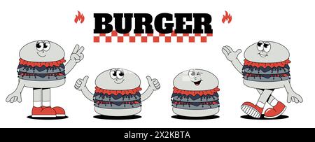 Un set per la consegna di hamburger in stile trendy retrò. Stravaganti adesivi con personaggi hamburger. Un'ottima maskot per caffè, bar e ristorante. Illustrazione Vettoriale