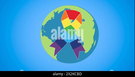 Immagine del nastro arcobaleno e del globo su sfondo blu Foto Stock