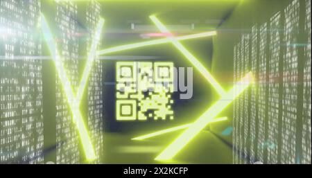 Immagine del codice qr su forme al neon e colonne in movimento su sfondo nero Foto Stock