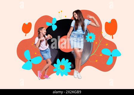 Foto collage immagine di due ragazze cugine sorelle che celebrano le feste di famiglia balli isolati su uno sfondo dai colori vivaci Foto Stock