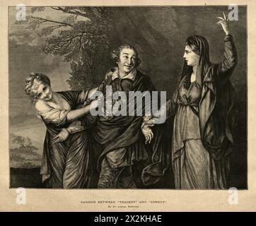 Illustrazione d'epoca Joshua Reynolds, David Garrick tra Tragedy e Comedy 18th Century Art Foto Stock