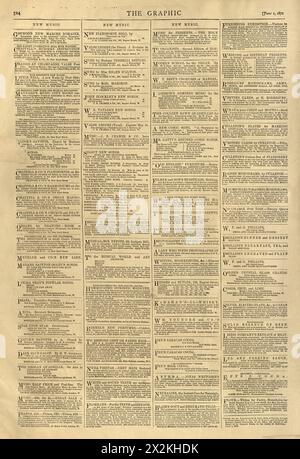 Vecchia pagina di giornali, anni '1870, nuova musica, annunci, avvisi, XIX secolo Foto Stock