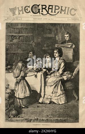 Bambini che celebrano il compleanno della madre, pagina del giornale Old Victorian, anni '1870, New Music, Notices 19th Century Foto Stock