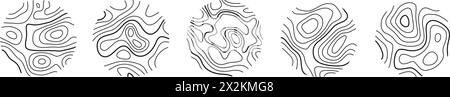 Set di texture con anelli di legno circolari o linee della mappa topografica. Albero di legno topografico linee astratte collezione design piatto illustrazione vettoriale contou Illustrazione Vettoriale