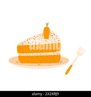 Fetta di torta di carote sul piatto e sulla forchetta. Porzione di panetteria dolce. Dessert di pasticceria con panna per colazione. Illustrazione piatta a torta vettoriale isolata su Illustrazione Vettoriale