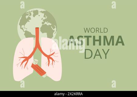 Modello per giornata mondiale dell'asma. Background annuale di sensibilizzazione sulla salute. Inalatore con emblema dei polmoni. Illustrazione piatta vettoriale. Illustrazione Vettoriale