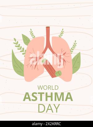 Modello di banner World Athma Day. Background annuale di sensibilizzazione sulla salute. Inalatore con emblema dei polmoni. Illustrazione piatta verticale vettoriale. Illustrazione Vettoriale