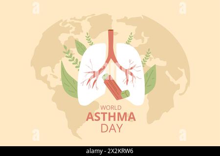 Modello per giornata mondiale dell'asma. Background annuale di sensibilizzazione sulla salute. Inalatore con emblema polmonare sulla mappa. Illustrazione piatta vettoriale. Illustrazione Vettoriale