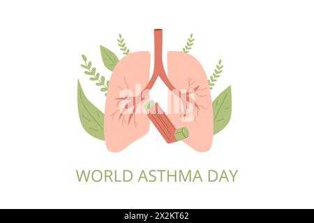 Modello per giornata mondiale dell'asma. Background annuale di sensibilizzazione sulla salute. Inalatore con i polmoni sull'emblema delle foglie. Illustrazione piatta vettoriale. Illustrazione Vettoriale