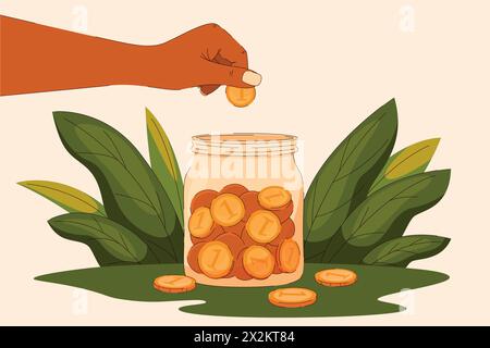 Concetto vettoriale di Saving Money Bank per l'alfabetizzazione finanziaria. Una mano getta una moneta in un barattolo di soldi Illustrazione Vettoriale