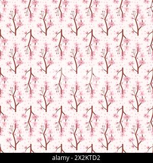 Motivo senza cuciture Sakura. Fondo botanico senza fine. Illustrazione vettoriale piatta disegnata a mano. Illustrazione Vettoriale
