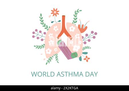 Modello per giornata mondiale dell'asma. Cartello annuale di sensibilizzazione sulla salute con testo isolato su sfondo bianco. Inalatore con polmoni con emblema di fiori. Illustrazione vettoriale Illustrazione Vettoriale