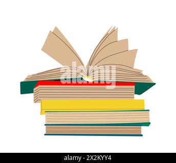 Pile di libri da leggere con libro aperto. Illustrazione Vettoriale