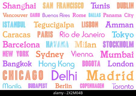 Design grafico di sfondo da viaggio. Nome città parole colorate modello tipografico per un prodotto rettangolare. Illustrazione Vettoriale