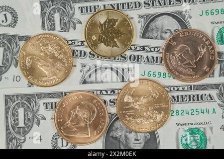 Dollaro STATUNITENSE, diverse Goldmünzen, Symbolfoto Gold, Geldanlage, Währung Foto Stock