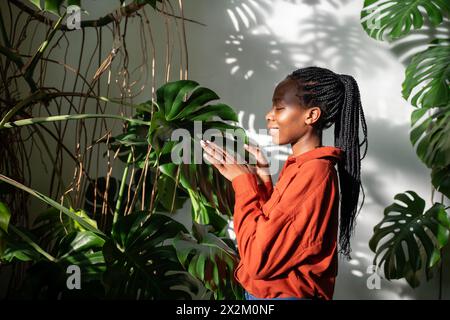 Donna nera interessata giardiniere toccando la pianta d'casa monstera esamina le foglie godere di risultati di crescita. Foto Stock