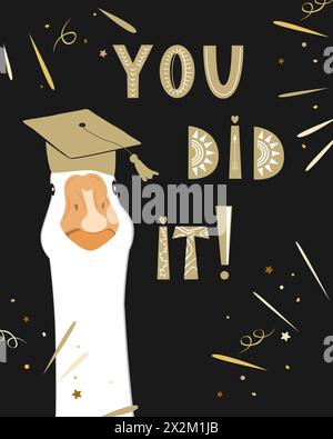 Un simpatico personaggio d'oca laureato e l'hai scritto in caratteri scandinavi. Oche indossano un cappello graduato. Illustrazione isolata vettoriale Illustrazione Vettoriale