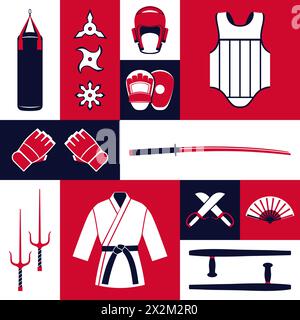 Arti marziali miste e attrezzature da combattimento, set di icone Illustrazione Vettoriale