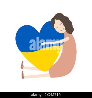 La ragazza abbraccia un grande cuore con i colori della bandiera dell'Ucraina. Amo il concetto Ucraina. Sostegno all'Ucraina. Niente guerra. L'Ucraina nel cuore. Supporto Illustrazione Vettoriale