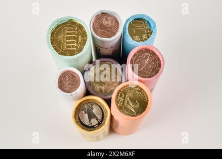 Kleingeld, Rollen, Münzen, centesimi, Euro Foto Stock