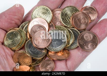 Geld, Hand, Münzen, Euro, cent, Symbolfoto Geld, Reichtum, Konjunktur, Gehalt, Bestechung Foto Stock