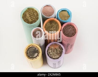 Kleingeld, Rollen, Münzen, centesimi, Euro Foto Stock