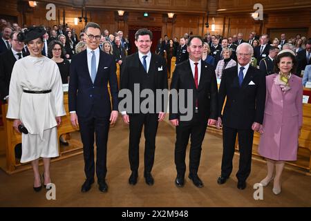 Stoccolma, Svezia. 23 aprile 2024. STOCCOLMA, SVEZIA 20240423Sig.ra Suzanne Innes-Stubb, Presidente della Finlandia Alexander Stubb, Presidente del Parlamento svedese Andreas Norlén, Vicepresidente del Parlamento Kenneth G Forslund, re Carl Gustaf e la regina Silvia nella seconda camera del Riksdag svedese (riksdag) in relazione alla visita di stato finlandese in Svezia il 23 aprile 2024. Foto: Claudio Bresciani/TT/codice 10090 credito: TT News Agency/Alamy Live News Foto Stock