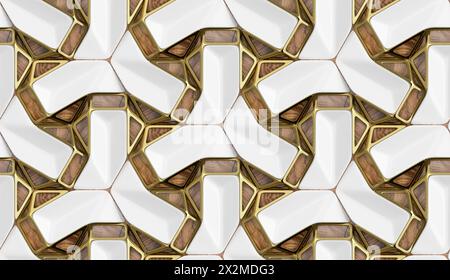 Motivo geometrico senza cuciture con texture alternate in ottone e legno che formano uno sfondo o un design moderno ed elegante Foto Stock