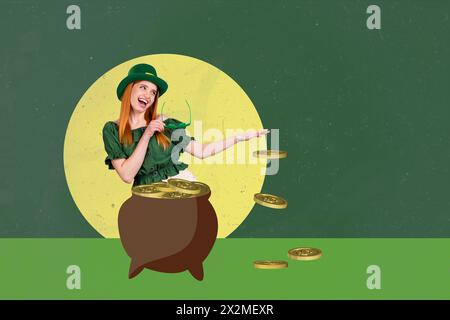 Foto collage creativa di una ragazza eccitata e funky che tiene il braccio degli occhiali da sole getta monete di denaro sprecate isolate su sfondo verde Foto Stock