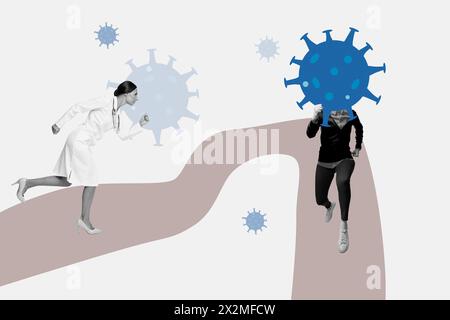 Composito 3D foto collage tendenza artwork immagine di schizzo di due persone uomo senza testa indossare virus influenza invece testa infermiere medico corsa Catch Guy Foto Stock