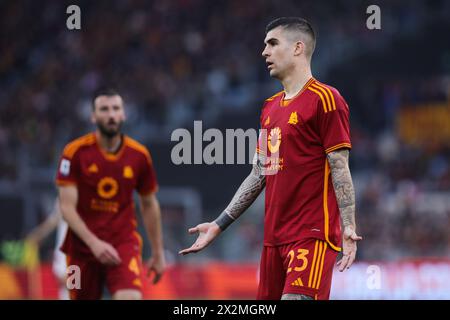 Roma, Italie. 22 aprile 2024. Gianluca Mancini della Roma reagisce durante la partita di campionato italiano di serie A tra Roma e Bologna FC il 22 aprile 2024 allo Stadio Olimpico di Roma - Photo Federico Proietti/DPPI Credit: DPPI Media/Alamy Live News Foto Stock