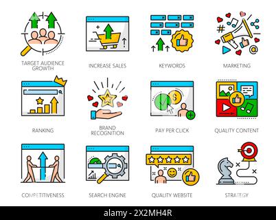 Icone dei motori di ricerca SEM, Internet SEO, traffico web e ottimizzazione dei contenuti online, simboli delle linee vettoriali. Icone relative alla strategia per le parole chiave SEM, alla gestione delle vendite dei siti Web e all'analisi del posizionamento dei siti Web Illustrazione Vettoriale