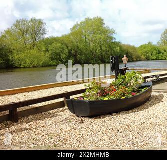 Una vista di una piantatrice che utilizza un piccolo gommone sul lungofiume nei giardini del Ferry Inn sul Norfolk Broads a Horning, Norfolk, Inghilterra, Regno Unito. Foto Stock