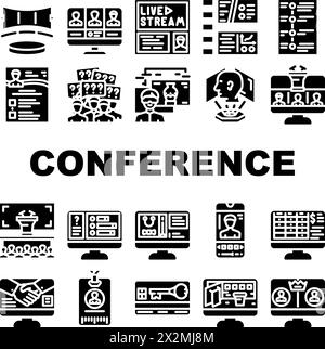 le icone online degli eventi di conferenza virtuale impostano il vettore Illustrazione Vettoriale