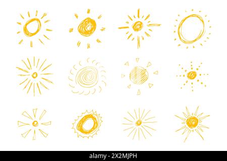 Soli disegnati a mano. Grande serie di semplici schizzi. Simbolo solare. Doodle giallo isolato su sfondo bianco. Illustrazione vettoriale. Illustrazione Vettoriale