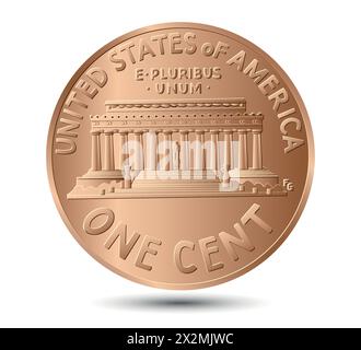 Un centesimo o un penny degli Stati Uniti, moneta con il Lincoln Memorial sul retro. Soldi americani, Lincoln Memorial. Vettore. Illustrazione Vettoriale