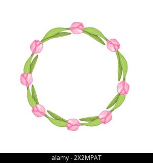 Cornice circolare dei tulipani in tinta unita. Tulipani rosa dipinti a mano. Illustrazione in tulipani per compleanno, inviti, logo, festa della mamma, festa delle donne. Foto Stock