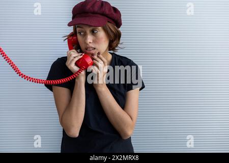 Lo scatto medio corto di una giovane ragazza latino-americana (22) con un berretto e capelli rossi fa un volto spaventato mentre ascolta la conversazione attraverso il suo retrò Foto Stock