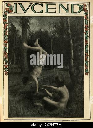 Illustrazioni d'epoca ragazzi che giocano nel bosco, in piedi, tedesco, Jugendstil, Art Nouveau, anni '1890, XIX secolo. Foto Stock