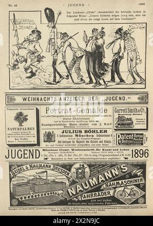 Cartoon, John Bull, British Soldiers, Naumann's Factory, Old German Magazine Page, Advertits, Jugend, 1890s 19th Century Foto Stock