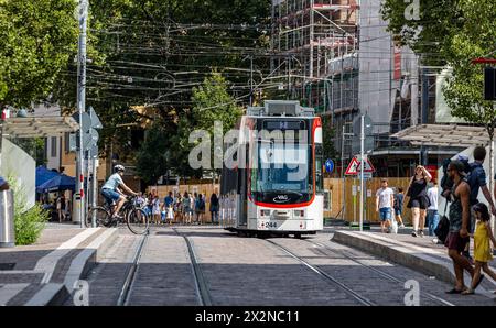 Eine Strassenbahn der Linie 2 fährt in der Stadt Freiburg im Breisgau eine Hatestelle AN. Ziel ist Gütnerstal. (Friburgo in Brisgovia, Germania, 07. Foto Stock