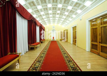 MOSCA - GENNAIO 27: Sala con tappeto rosso nel Palazzo di Yauza il 27 gennaio 2012 a Mosca, Russia. L'edificio del palazzo a Yauza fu costruito nel 1903 Foto Stock