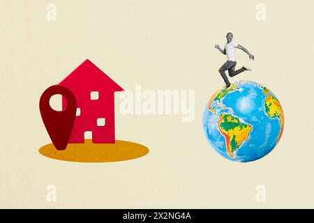 Immagine collage verticale di un mini effetto bianco nero Guy Run World Globe home mark isolato su sfondo verde Foto Stock