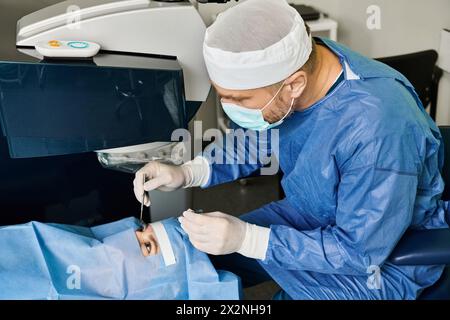 Un uomo in un abito chirurgico esegue delicatamente un intervento chirurgico in una sala operatoria. Foto Stock