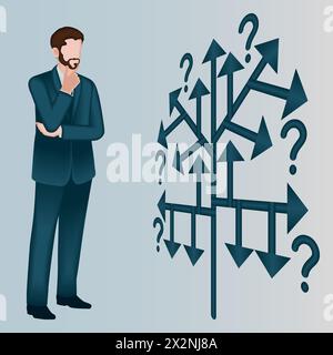 Un uomo utilizza un albero decisionale per identificare un problema o un'opportunità nel processo decisionale. Concetto di business. Illustrazione vettoriale 2D. Illustrazione Vettoriale