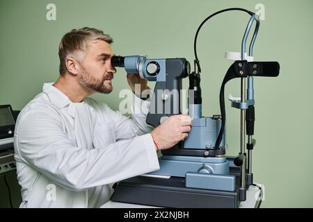 Un uomo esamina intensamente la visione di qualcuno. Foto Stock