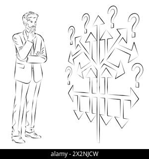 Un uomo utilizza un albero decisionale per identificare un problema o un'opportunità nel processo decisionale. Concetto di business. Schizzo. Illustrazione vettoriale. Illustrazione Vettoriale