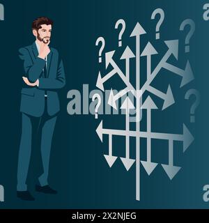 Un uomo utilizza un albero decisionale per identificare un problema o un'opportunità nel processo decisionale. Concetto di business. Illustrazione vettoriale piatta. Illustrazione Vettoriale