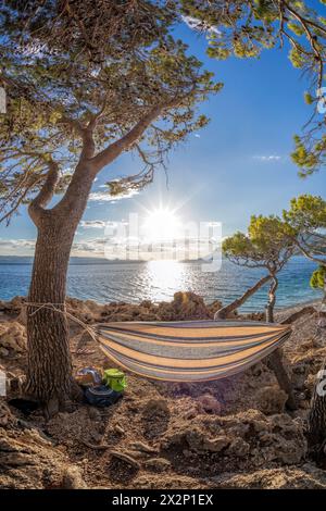 Amaca installata sulla spiaggia di Punta rata a Brela, Croazia, Dalmazia, costa azzurra croata. Foto Stock